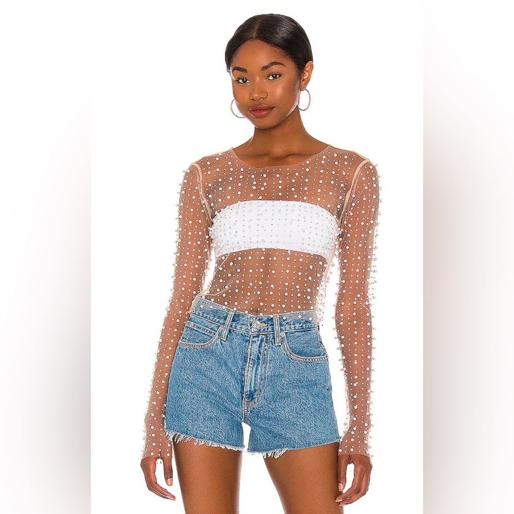 Pearl & Rhinestone Nude Mesh Top - Size S